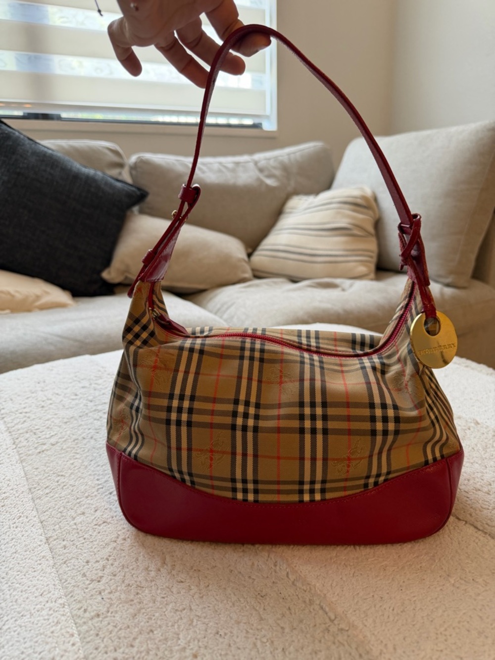Burberry Beige Nova Check Shoulder Bag with Red Trim